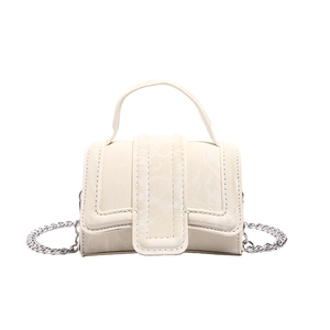 Chic cream white PU leather mini square bag with top handle and silver chain strap