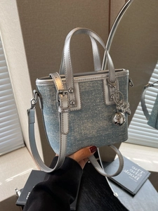Fashion Denim Rhinestone Studded Bucket Bag For Women Silver Balloon Dog Pendant Handbag Crossbody Shoulder Bag