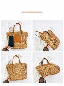 Multi-angle view of a woven straw tote bag with brown leather handles and interior space