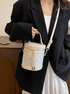 Mode Damen Zylindrische Eimertasche Blumen Jacquard Stickerei PU Leder Handtasche Umhängetasche Mit Gold Hardware Doppel Reißverschluss