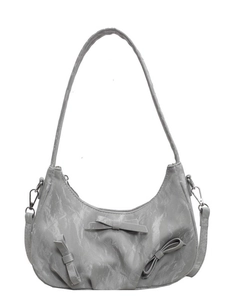 Gray textured leather baguette bag with three bow decorations and matching shoulder strap