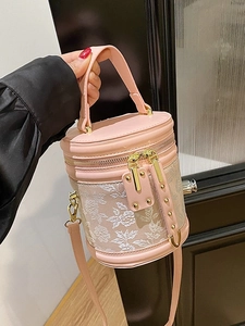 Rosa Zylindertasche mit floralem Jacquard-Detail und goldenen Reißverschlüssen