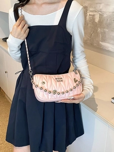 Fashion Women Matelassé Pleated Shoulder Bag PU Leather Underarm Bag With Metal Bead Chain Elegant Lady Crossbody Bag