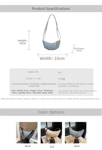 Detailed size chart for French crescent bag with width 25cm and height 10cm measurements