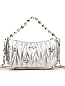 Silver quilted crossbody bag with chain strap and beaded handle, 2026 fashion style