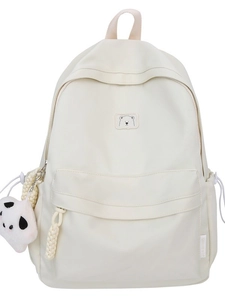 Minimalist cream white waterproof nylon backpack with cute panda pendant and bear embroidery