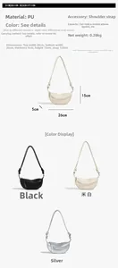 Detailed product dimensions and color options for the PU crescent shoulder bag