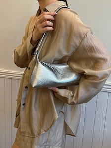 French Style Metallic Crinkled Underarm Bag Women Fashion Baguette Bag PU Leather Shoulder Crossbody Bag Retro Street Trend