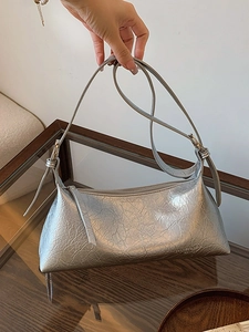 Metallic silver crinkled PU hobo shoulder bag with adjustable strap and zipper closure