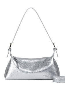 Silver metallic baguette bag with pleated texture and adjustable shoulder strap
