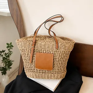 Large Capacity Straw Woven Tote Bag With Leather Handles Women Summer Beach Shoulder Bag Niche Basket Bag Drawstring Inner