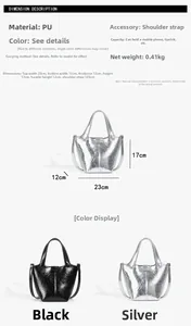 Detailed size specifications for minimalist PU leather bucket bag with silver and black options