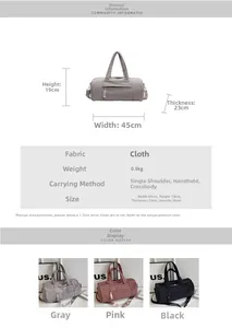 Guía de tallas de bolso de viaje grande con dimensiones 45x19x23cm y medidas de asa