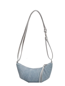 Light blue denim croissant bag with silver knotted strap on white background