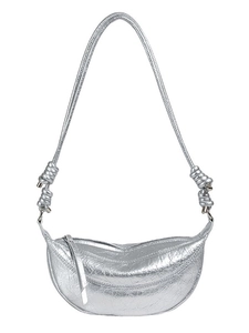 Silver metallic crescent hobo bag with pleated texture and knot shoulder strap detail