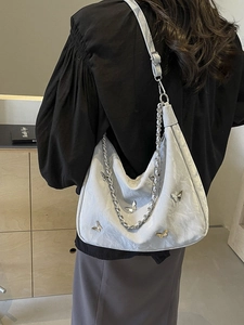 Women Wrinkled PU Leather Shoulder Bag Butterfly Decor Fashion Hobo Underarm Bag With Chain Strap Daily Versatile Handbag