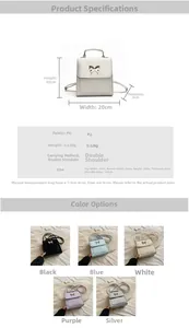 Vue détaillée des dimensions du sac à dos en PU avec décor papillon en métal chromé