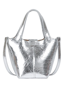 Silver metallic bucket bag with pleated texture and top handle for modern fashion