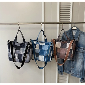Detailed comparison of three color-block denim tote bags in grey, blue, and brown tones