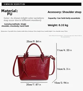 Tableau des tailles détaillé pour sac à main rouge en PU avec mesures de bandoulière