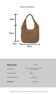 Detailed view of straw woven tote bag dimensions 38x34cm with handle height specifications