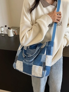 Women Denim Patchwork Tote Bag Large Capacity Casual Shoulder Crossbody Bag For School Commuting Student Fashion Handbag