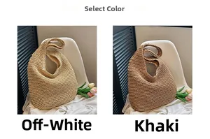 Straw tote bag showing off-white and khaki color options for summer vacations