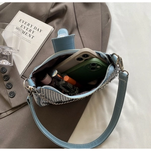 Sac sous le bras à motif pied-de-poule bleu avec grand intérieur pour cosmétiques