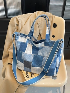 Retro patchwork denim tote bag with adjustable shoulder strap and large capacity design