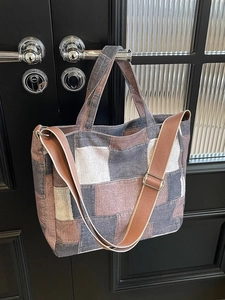 Denim patchwork tote bag in grey pink and beige with adjustable wide crossbody strap