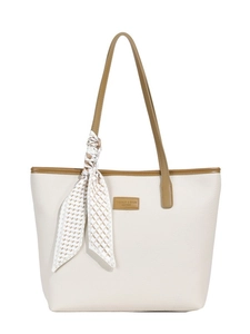 Minimalist beige tote bag with litchi texture and silk scarf handle decoration