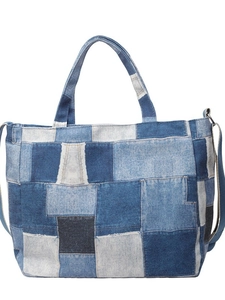 Patchwork denim tote bag with dual handles and adjustable strap for casual daily use
