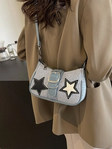 Sac Sous le Bras Tissé pour Femmes Vintage Mode Patch Étoile Sac à Épaule Bandoulière Tendance Chaîne Style de Rue Sac à Main