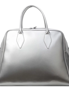 Metallic silver large capacity tote bag with dual top handles and zip closure
