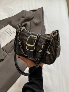 Sac sous le bras tissé rétro avec étoiles, chaîne en métal et bandoulière en cuir