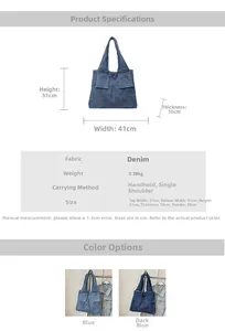 Size specifications and macro view of denim shoulder bag with red circle embroidery