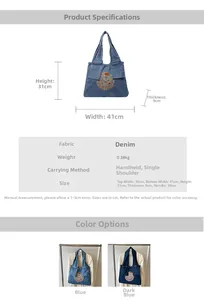 Détails du sac en denim montrant les dimensions 41x31x9cm et le motif de broderie