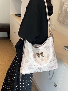 Women Large Capacity Butterfly Print Tote Bag Fashion PU Leather Shoulder Bag With Metal Bow Decoration Chain Strap
