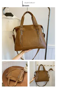 Detail of a large brown tote bag showing its PU leather texture and twin zip pockets