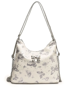 White butterfly print hobo bag with star patterns and silver chain shoulder strap