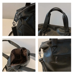Detailed views of black PU leather tote bag showing stitching, hardware, and compartments
