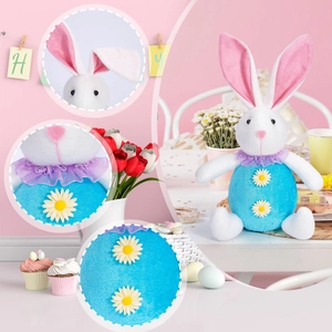 Detail view of plush Easter bunny with lace collar, daisy appliques and soft ears
