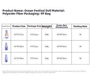 Size chart showing ocean festival gnomes dimensions and polyester fiber material details