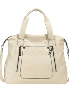 Minimalist beige PU leather tote bag with pebble texture and decorative zippers