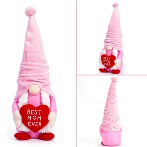 Detailed views of a pink Mother's Day gnome with Best Mom Ever embroidered heart