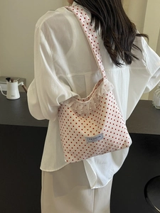 Borsa a Secchiello a Pois da Donna in Nylon e Tela con Decorazioni in Pizzo e Künstliche Perle Borsa a Tracolla Dolce