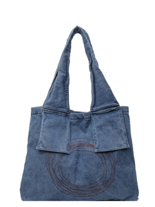 Blue denim tote bag with brown spiral stitching and a spacious single shoulder design