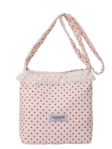 Borsa a secchiello in nylon a pois rossi con pizzo e perle per uso casual da donna