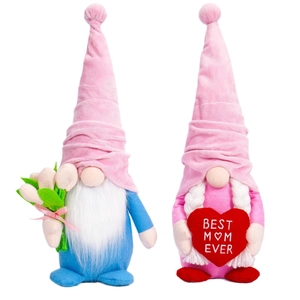 Adorable Mother's Day gnomes plush pair holding tulips and a Best Mom Ever heart