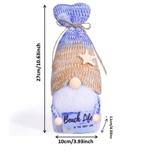 Detail of beach life gnome plush with knitted starfish hat and ocean sign, 27cm height